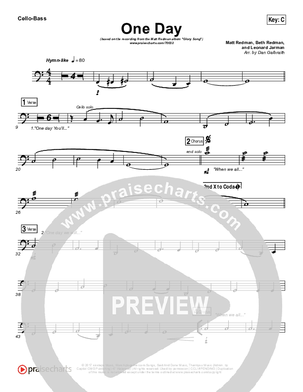 One Day (When We All Get To Heaven) Cello/Bass (Matt Redman)