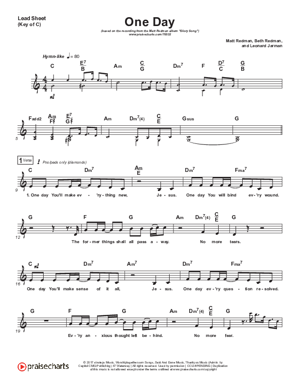 One Day (When We All Get To Heaven) Lead Sheet (Melody) (Matt Redman)