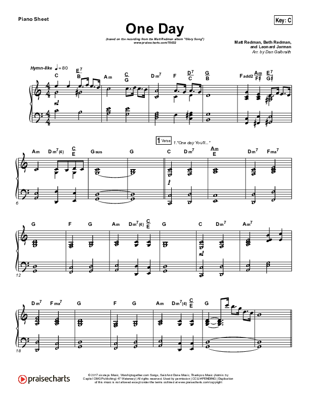 One Day (When We All Get To Heaven) Piano Sheet (Matt Redman)