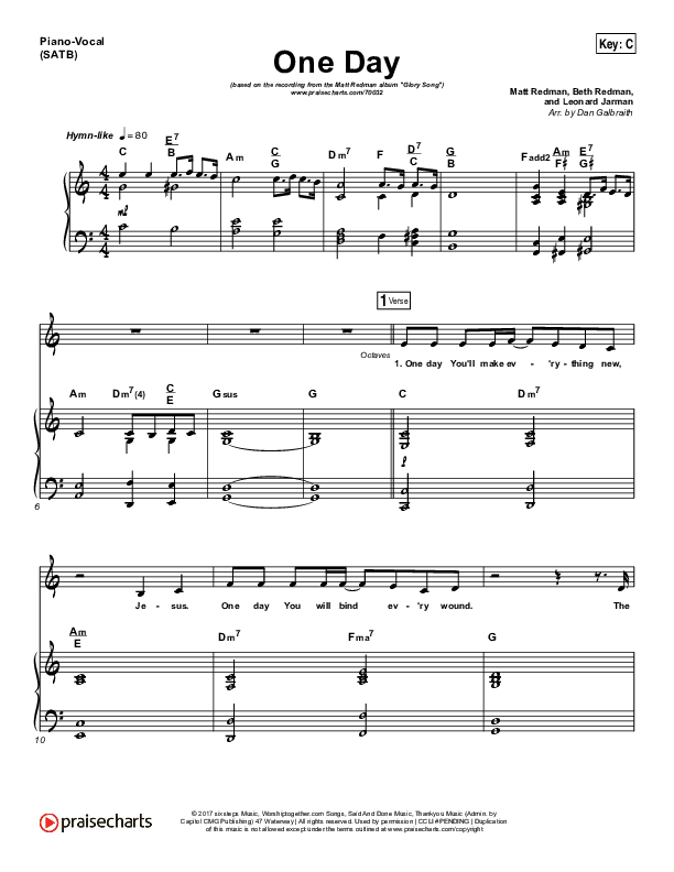 One Day (When We All Get To Heaven) Piano/Vocal (SATB) (Matt Redman)