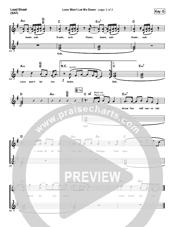 Love Won't Let Me Down Lead Sheet (SAT) (Hillsong Young & Free)