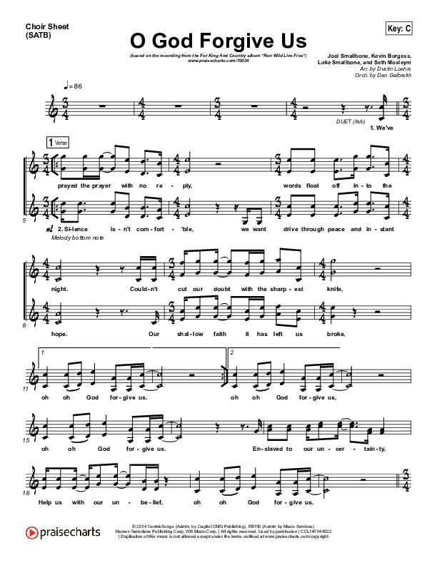 O God Forgive Us Vocal Sheet (SATB) (for KING & COUNTRY / KB)