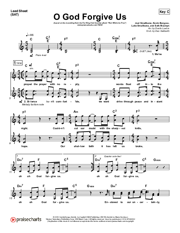 O God Forgive Us Lead Sheet (SAT) (for KING & COUNTRY / KB)