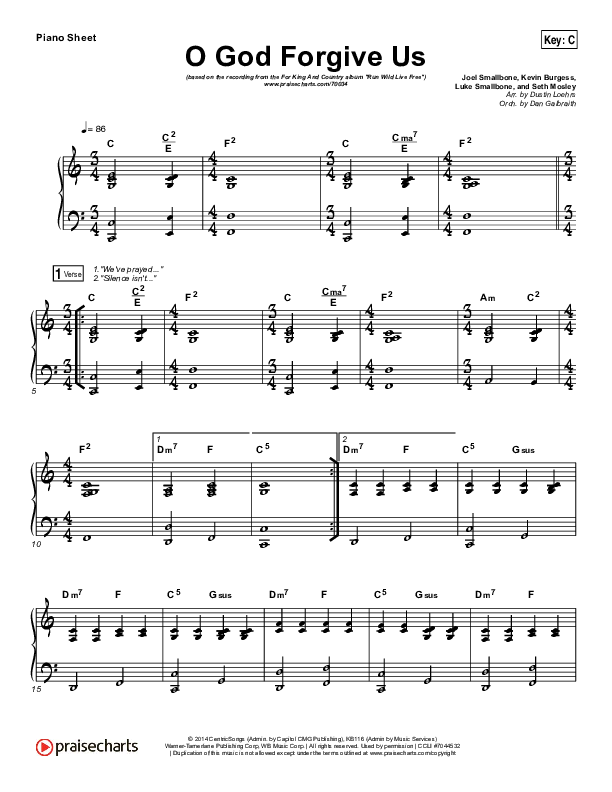 O God Forgive Us Piano Sheet (for KING & COUNTRY / KB)
