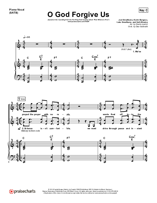 O God Forgive Us Piano/Vocal Pack (for KING & COUNTRY / KB)