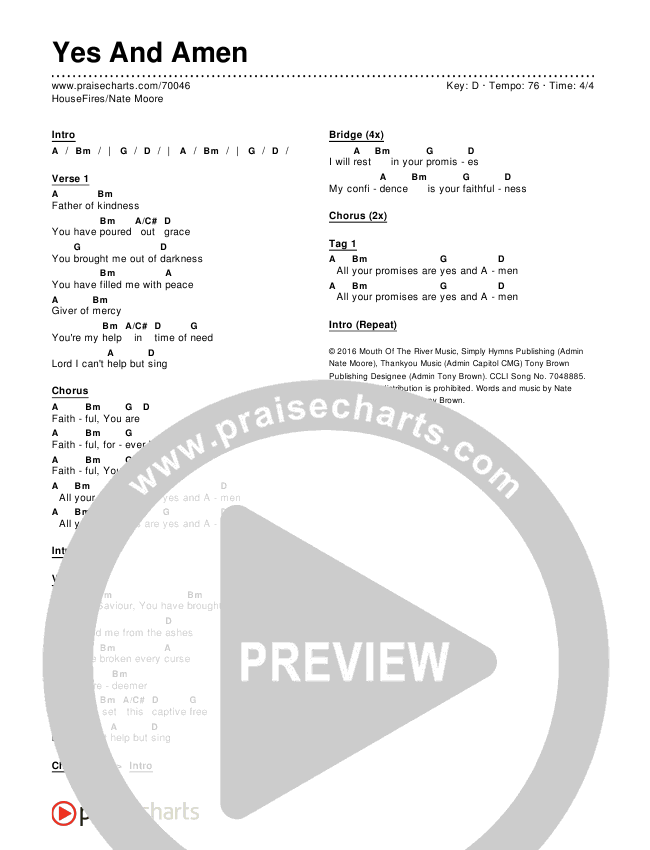 Yes And Amen Chords & Lyrics (Nate Moore / Housefires)