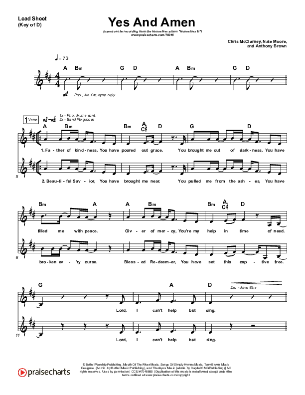 Yes And Amen Lead Sheet (Melody) (Nate Moore / Housefires)