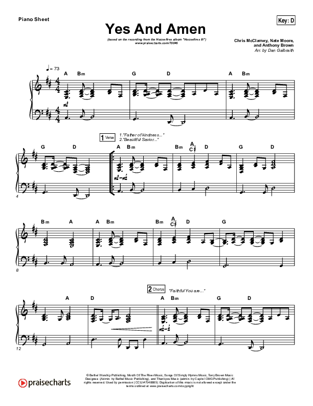 Yes And Amen Piano Sheet (Nate Moore / Housefires)