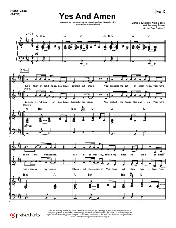 Yes And Amen Piano/Vocal (SATB) (Nate Moore / Housefires)