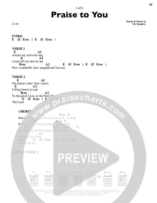 Praise To You Chord Chart (Parachute Band)