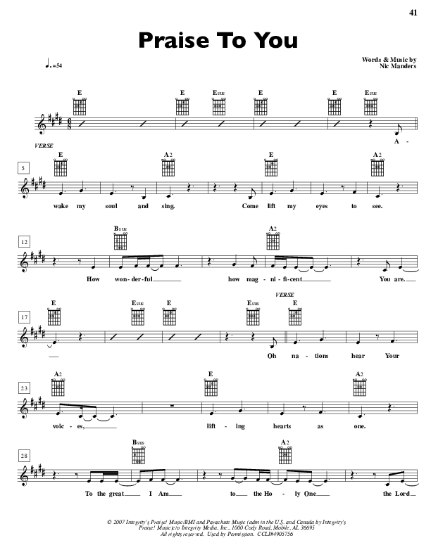 Praise To You Lead Sheet (Parachute Band)