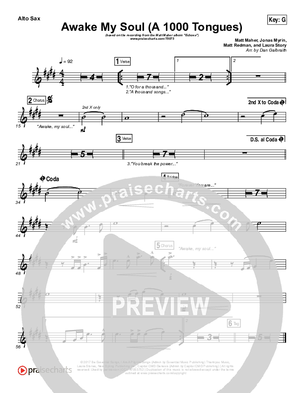 Awake My Soul (A Thousand Tongues) Alto Sax (Matt Maher)