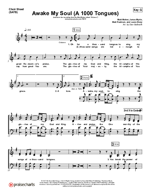 Awake My Soul (A Thousand Tongues) Choir Vocals (SATB) (Matt Maher)