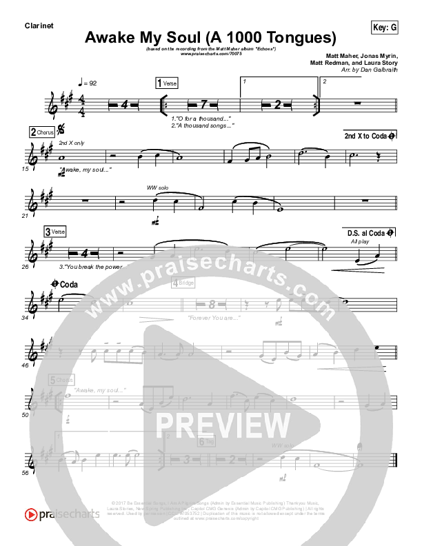 Awake My Soul (A Thousand Tongues) Clarinet (Matt Maher)