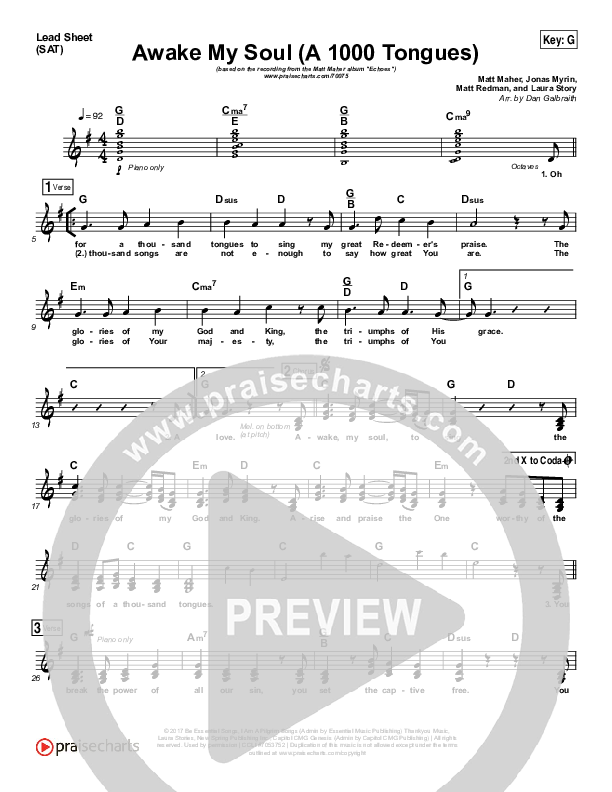 Awake My Soul (A Thousand Tongues) Lead Sheet (SAT) (Matt Maher)
