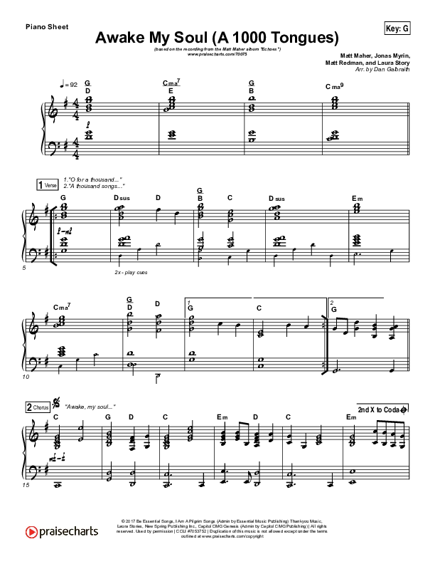 Awake My Soul (A Thousand Tongues) Piano Sheet (Matt Maher)