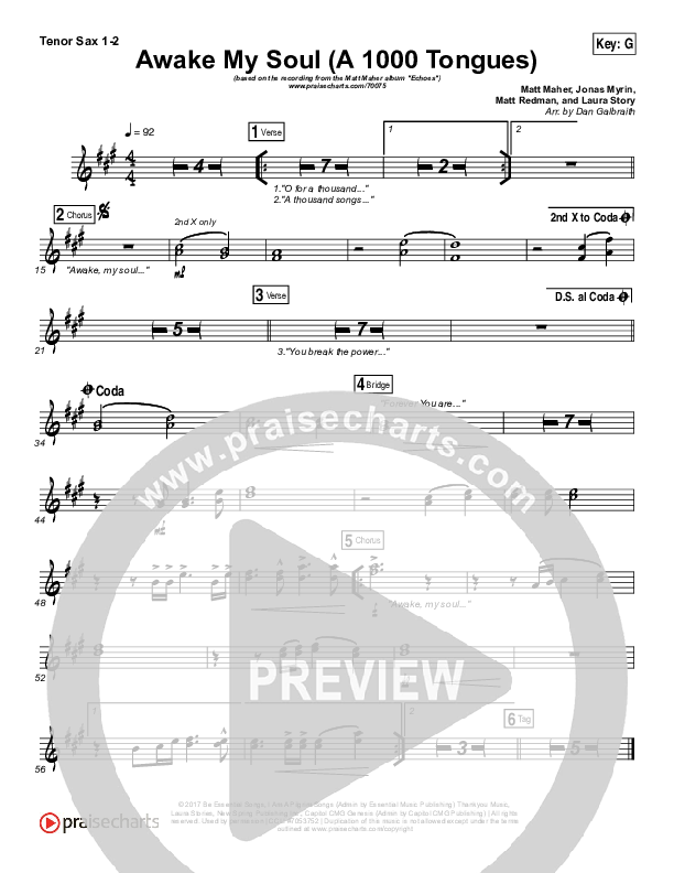 Awake My Soul (A Thousand Tongues) Tenor Sax 1/2 (Matt Maher)