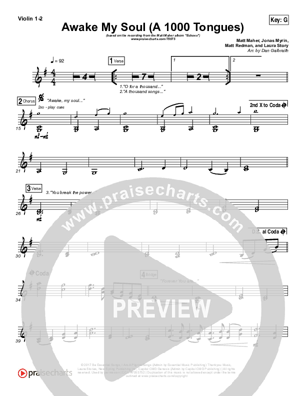 Awake My Soul (A Thousand Tongues) Violin 1/2 (Matt Maher)