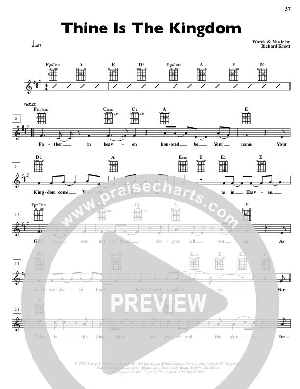 Thine Is The Kingdom Lead Sheet (Parachute Band)