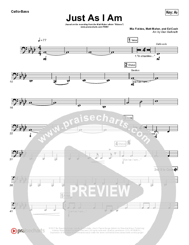 Just As I Am Cello/Bass (Matt Maher)