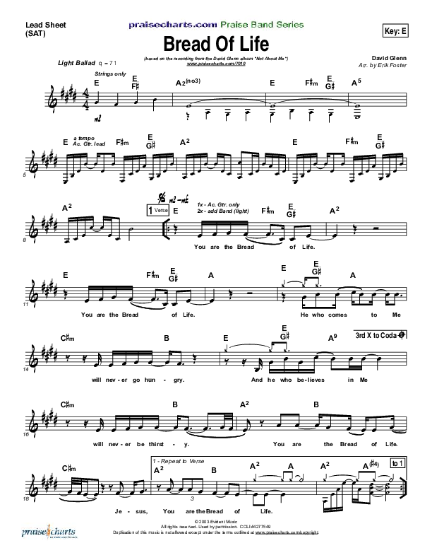 Bread Of Life Lead Sheet (David Glenn)