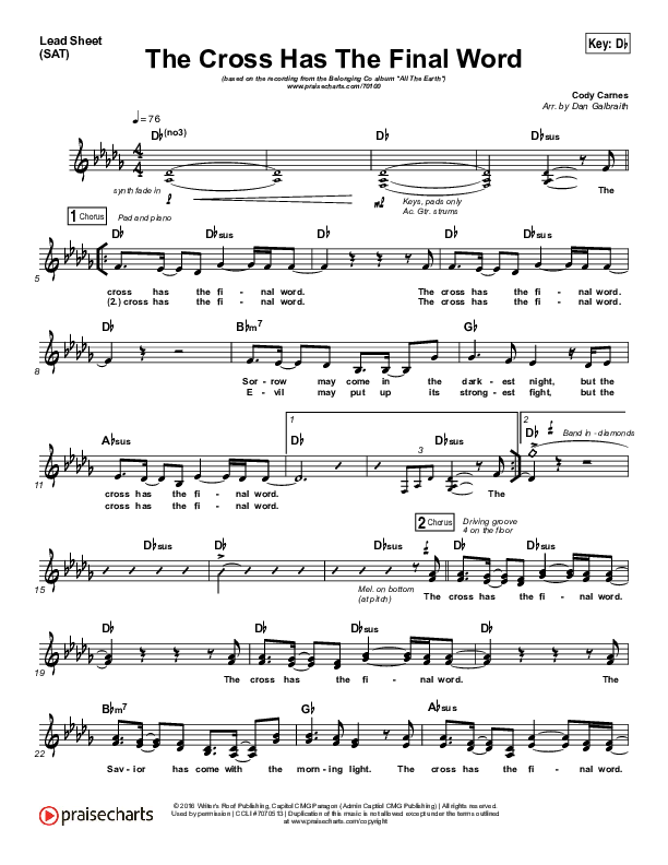 The Cross Has The Final Word Lead Sheet (SAT) (The Belonging Co / Henry Seeley)