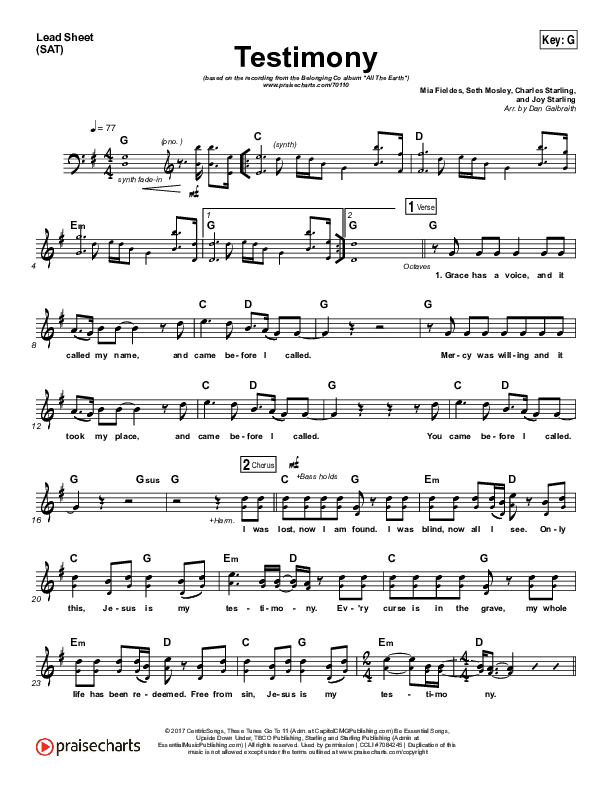 Testimony Lead Sheet (SAT) (The Belonging Co / Cody Carnes)