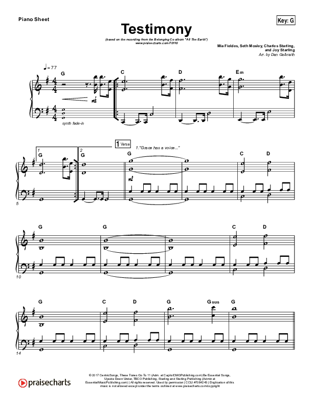 Testimony Piano Sheet (The Belonging Co / Cody Carnes)