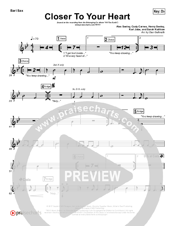 Closer To Your Heart Bari Sax Sheet Music PDF (The Belonging Co / Kari