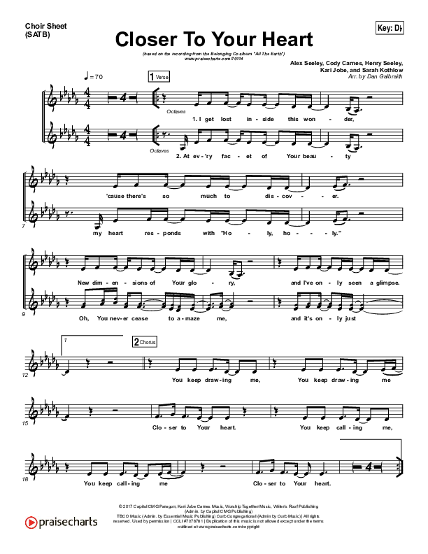 Closer To Your Heart Choir Sheet (SATB) (The Belonging Co / Kari Jobe)