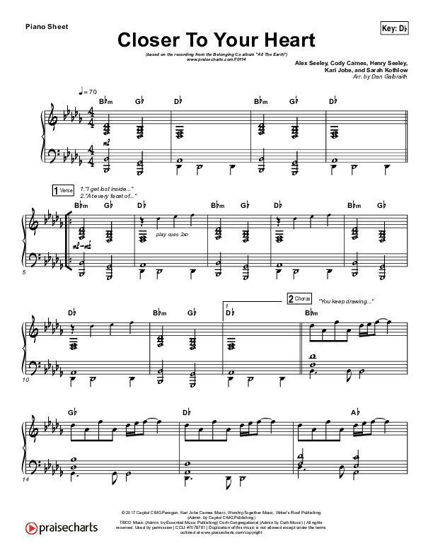 Closer To Your Heart Piano Sheet (The Belonging Co / Kari Jobe)