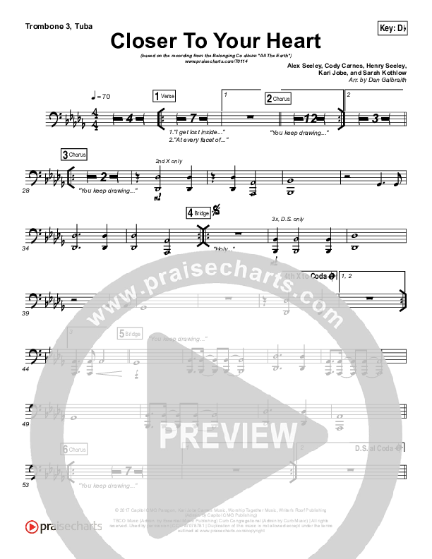 Closer To Your Heart Trombone 3/Tuba (The Belonging Co / Kari Jobe)