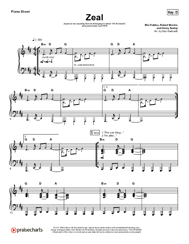 Zeal (Allskate Remix) Piano Sheet (Print Only) (The Belonging Co / Henry Seeley)