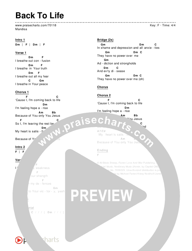 Back To Life Chords & Lyrics (Mandisa)