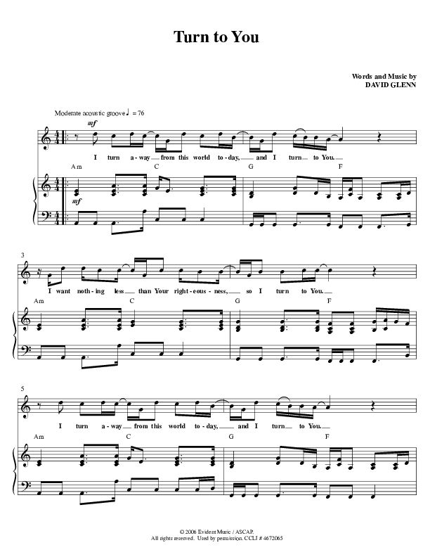 Turn To You Piano/Vocal (David Glenn)