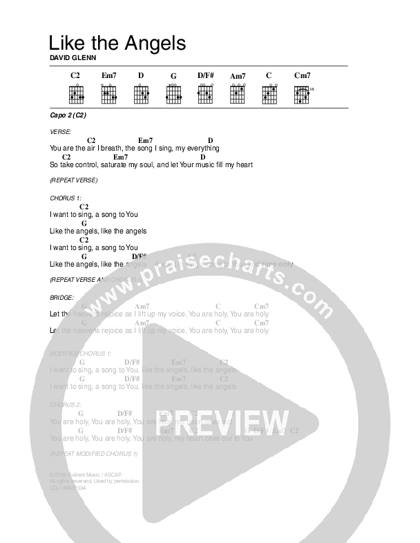 Like The Angels Chord Chart (David Glenn)
