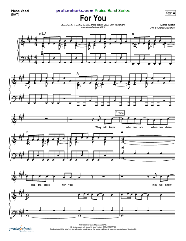 For You Piano/Vocal (David Glenn)