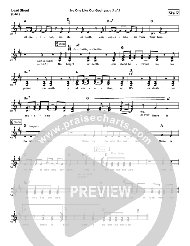 No One Like Our God Lead Sheet (SAT) (Lincoln Brewster)