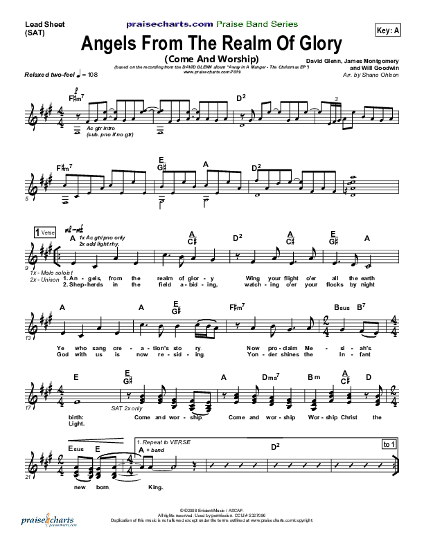 Angels From The Realms Of Glory (with Come And Worship) Lead Sheet (David Glenn)