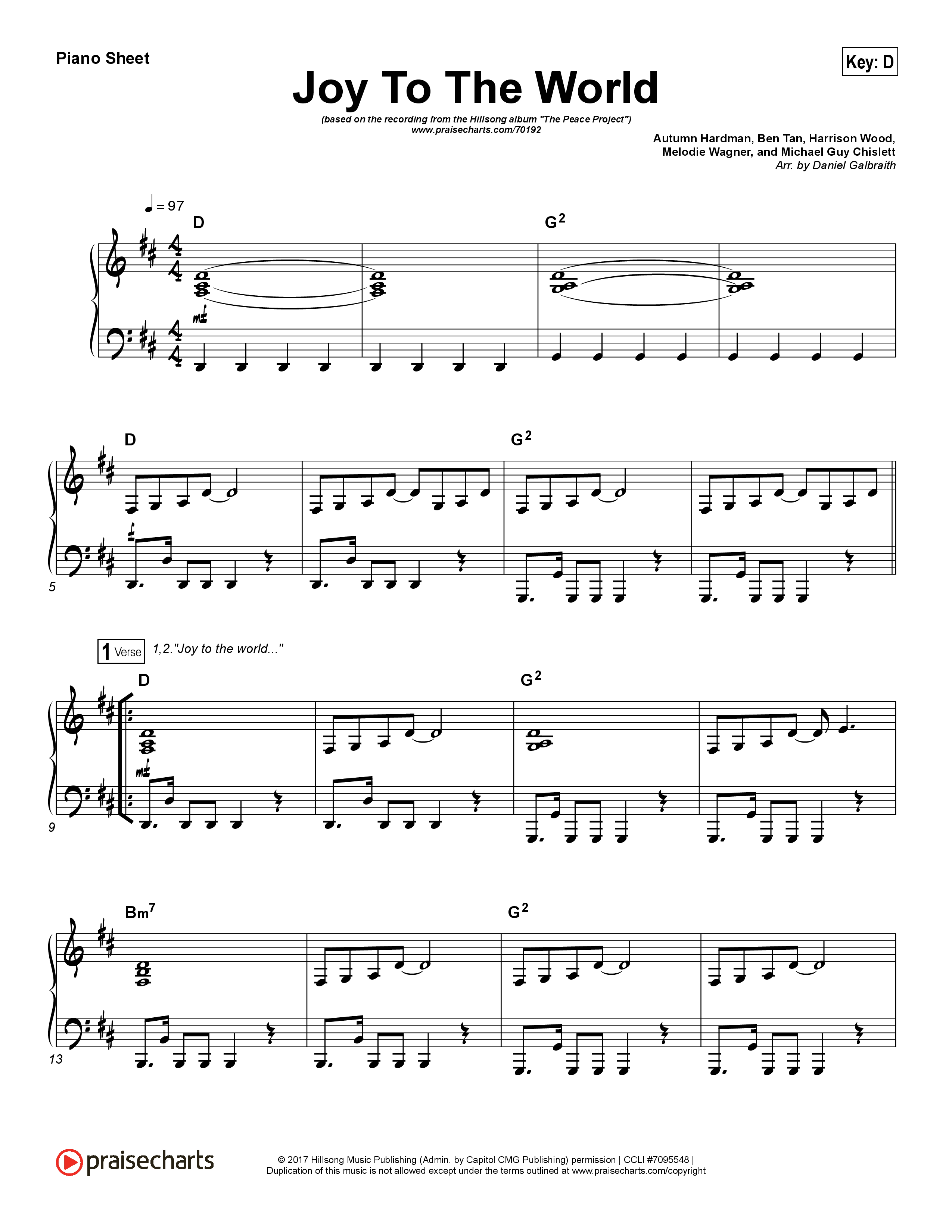 Joy To The World Piano Sheet (Hillsong Worship)