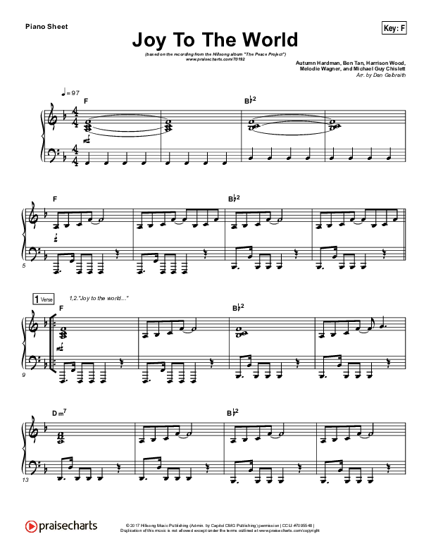 Joy To The World Piano Sheet (Hillsong Worship)