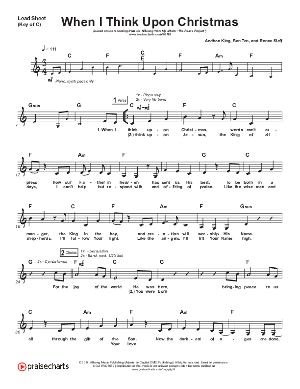 When I Think Upon Christmas Lead Sheet (Melody) (Hillsong Worship)