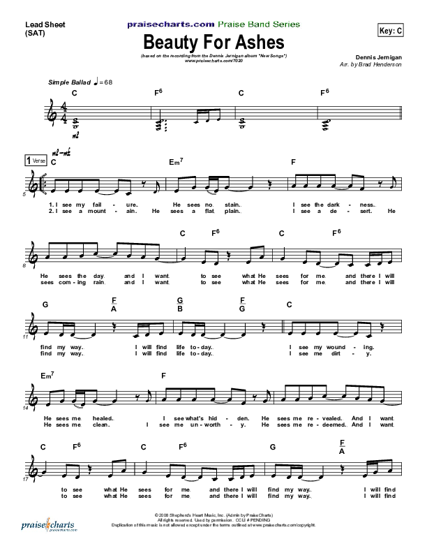 Beauty For Ashes Lead Sheet (Dennis Jernigan)