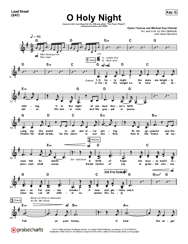 O Holy Night Lead Sheet (SAT) (Hillsong Worship)