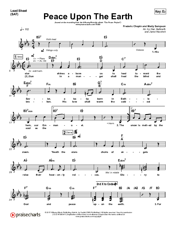 Peace Upon The Earth Lead Sheet (SAT) (Hillsong Worship)