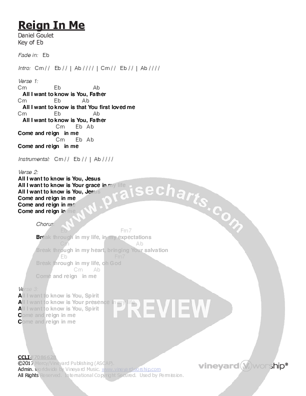 Reign In Me Chords & Lyrics (Vineyard Worship)