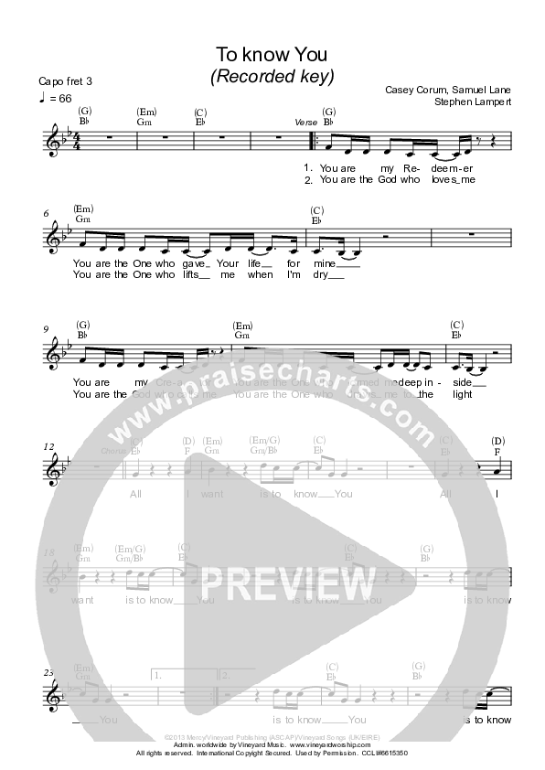 To Know You Lead Sheet (Vineyard Worship)