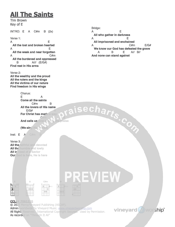 All The Saints Chords & Lyrics (Vineyard Worship)