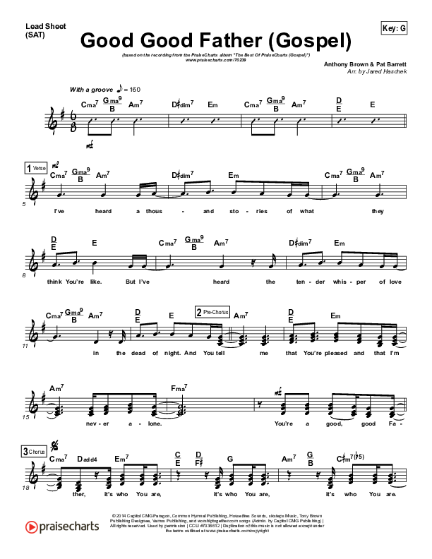 Good Good Father (Gospel) Lead Sheet (SAT) (PraiseCharts)