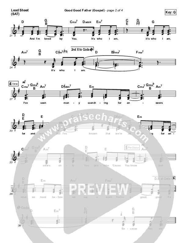 Good Good Father (Gospel) Lead Sheet (SAT) (PraiseCharts)